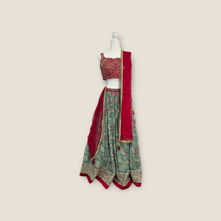 Pastel Green/Red Georgette Lehenga