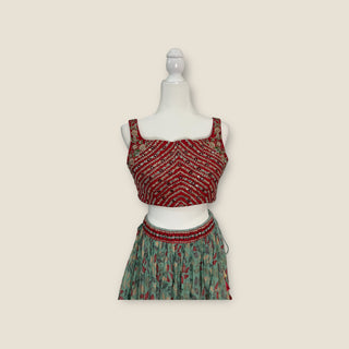 Pastel Green/Red Georgette Lehenga